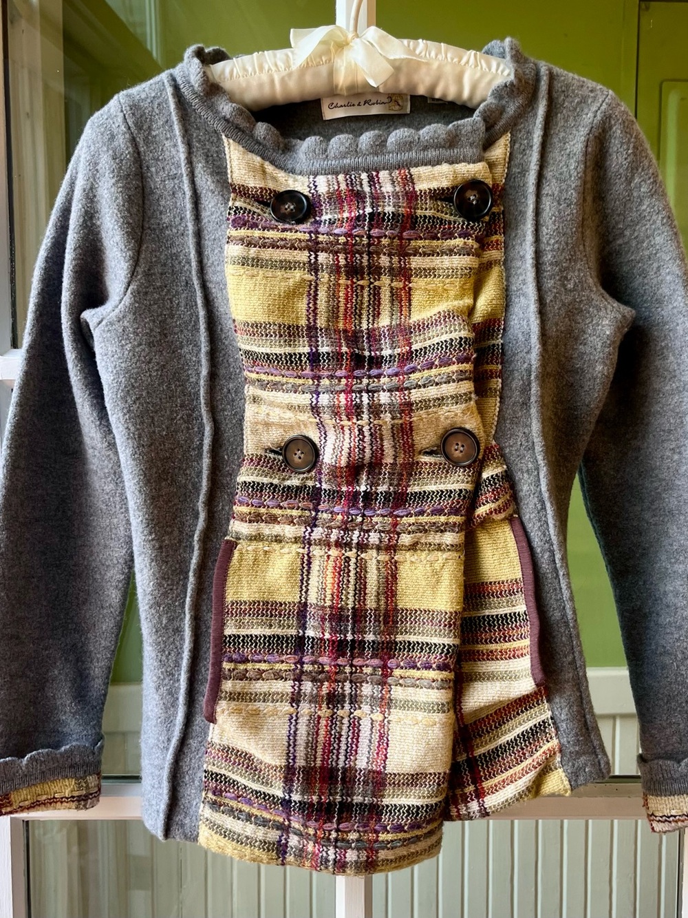 Charlie & Robin Gray Cardi Yellow Plaid Panel, Scalloped Edging, Double Breasted - Picture 8 of 9